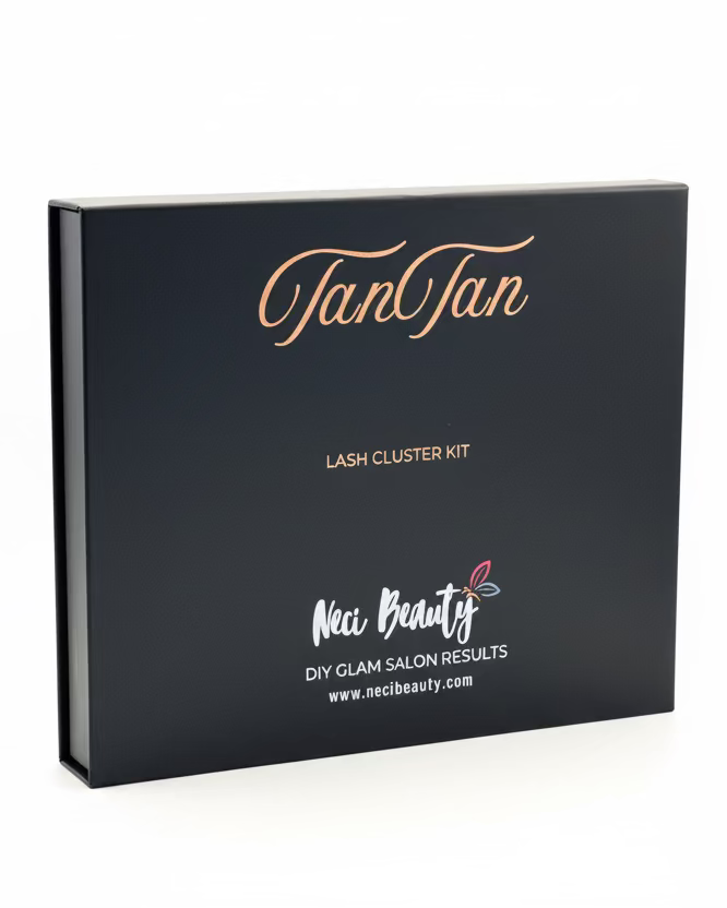 Black box labeled 'Tan Tan Lash Cluster Kit' with 'Neci Beauty' branding on a white background