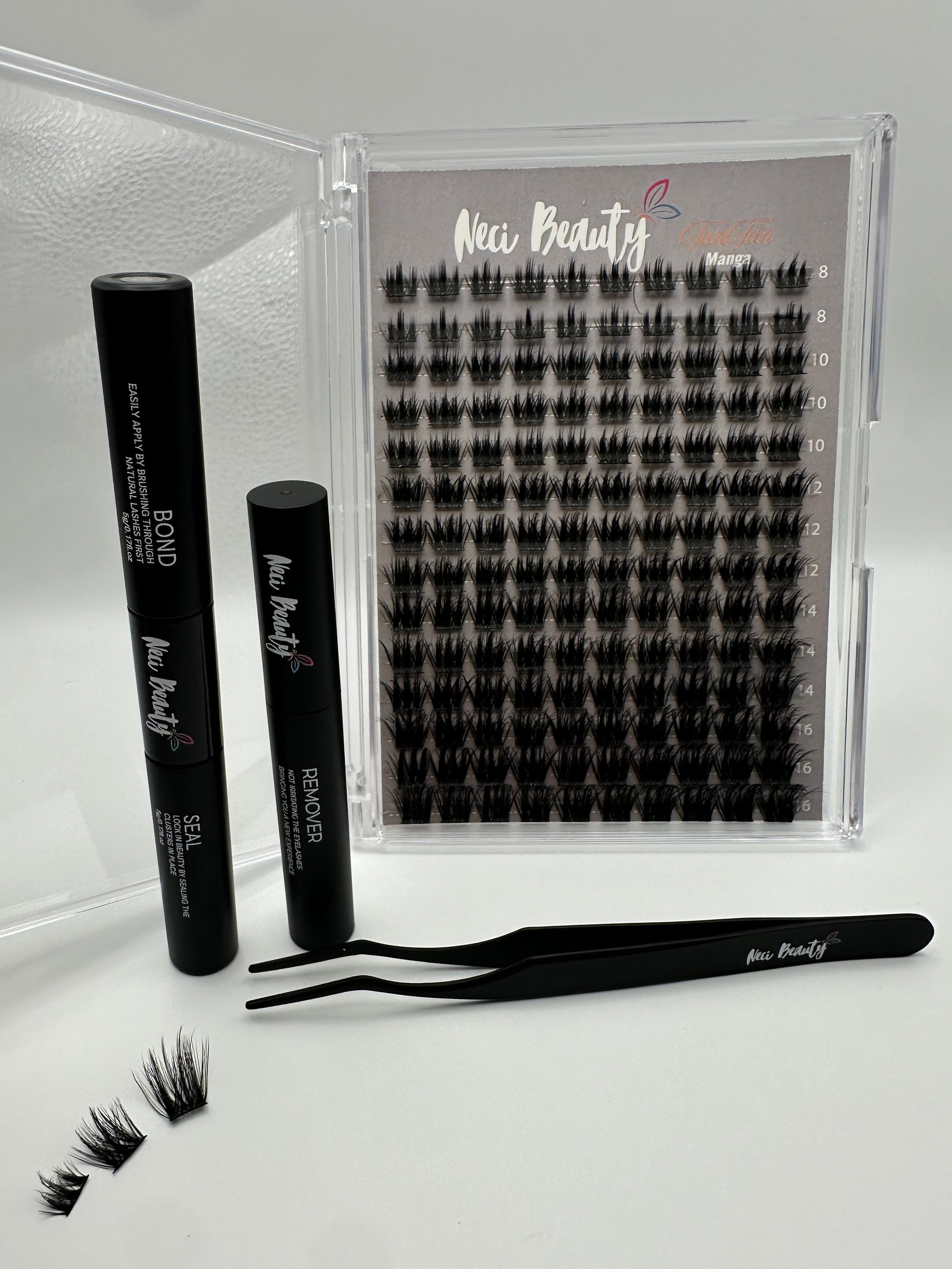 Eyelash extension kit with false eyelashes, tweezers, and application tools on a white background.