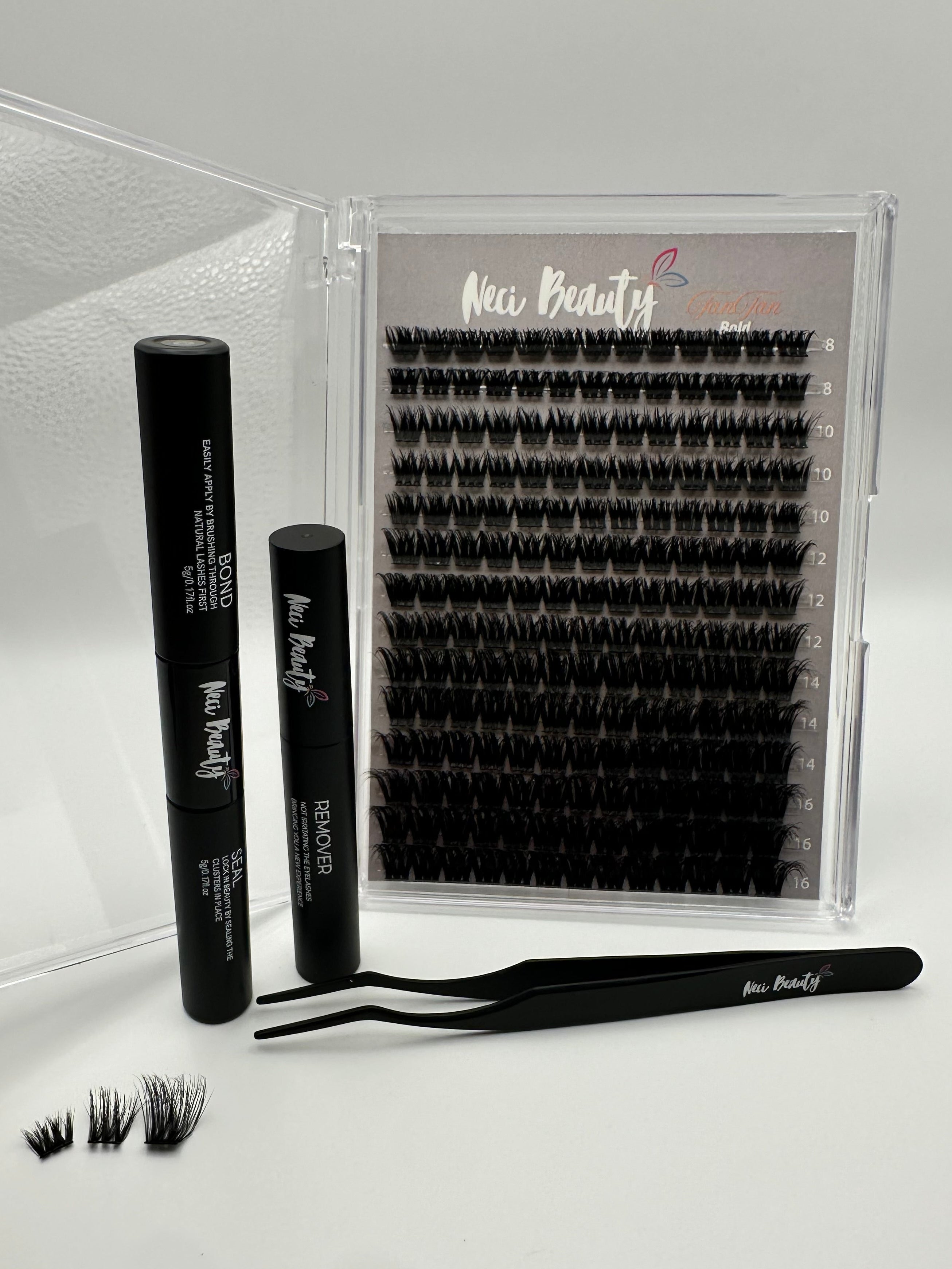 Eyelash extension kit with tweezers, remover, and adhesive on a white background