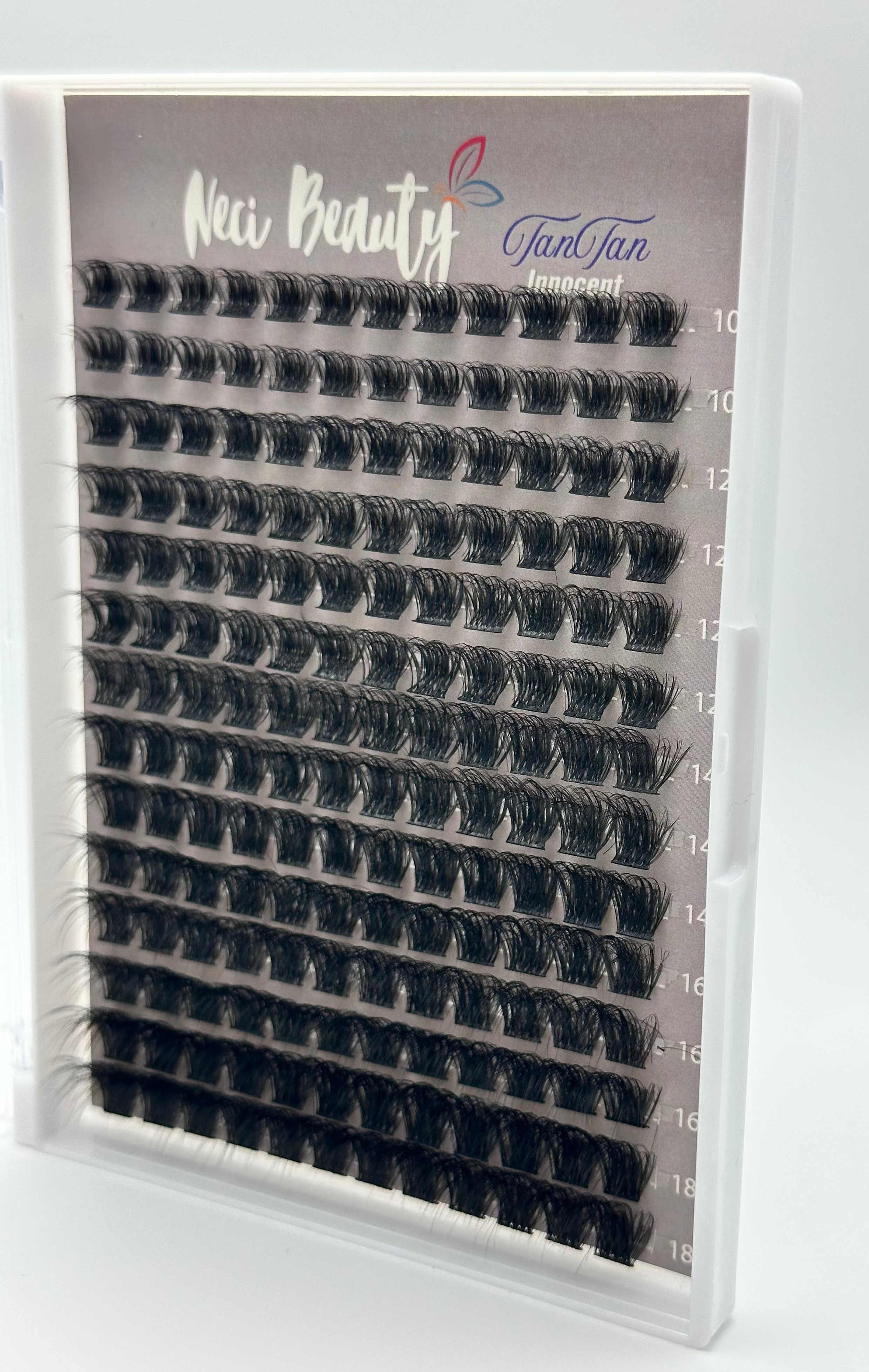 Eyelash extension tray with 'Nevi Beauty' branding on a white background