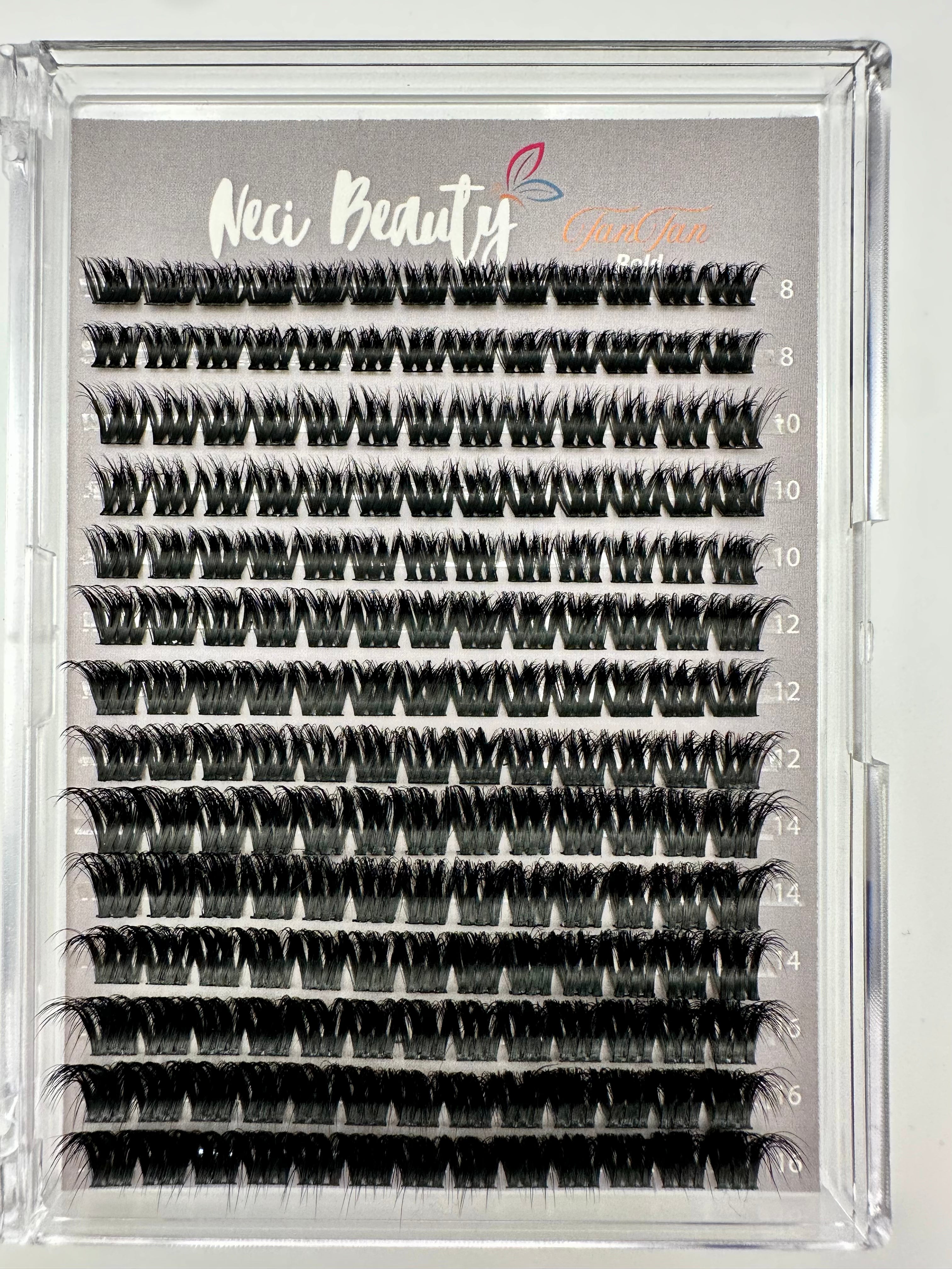 Eyelash extension tray with multiple rows of false eyelashes on a gray background