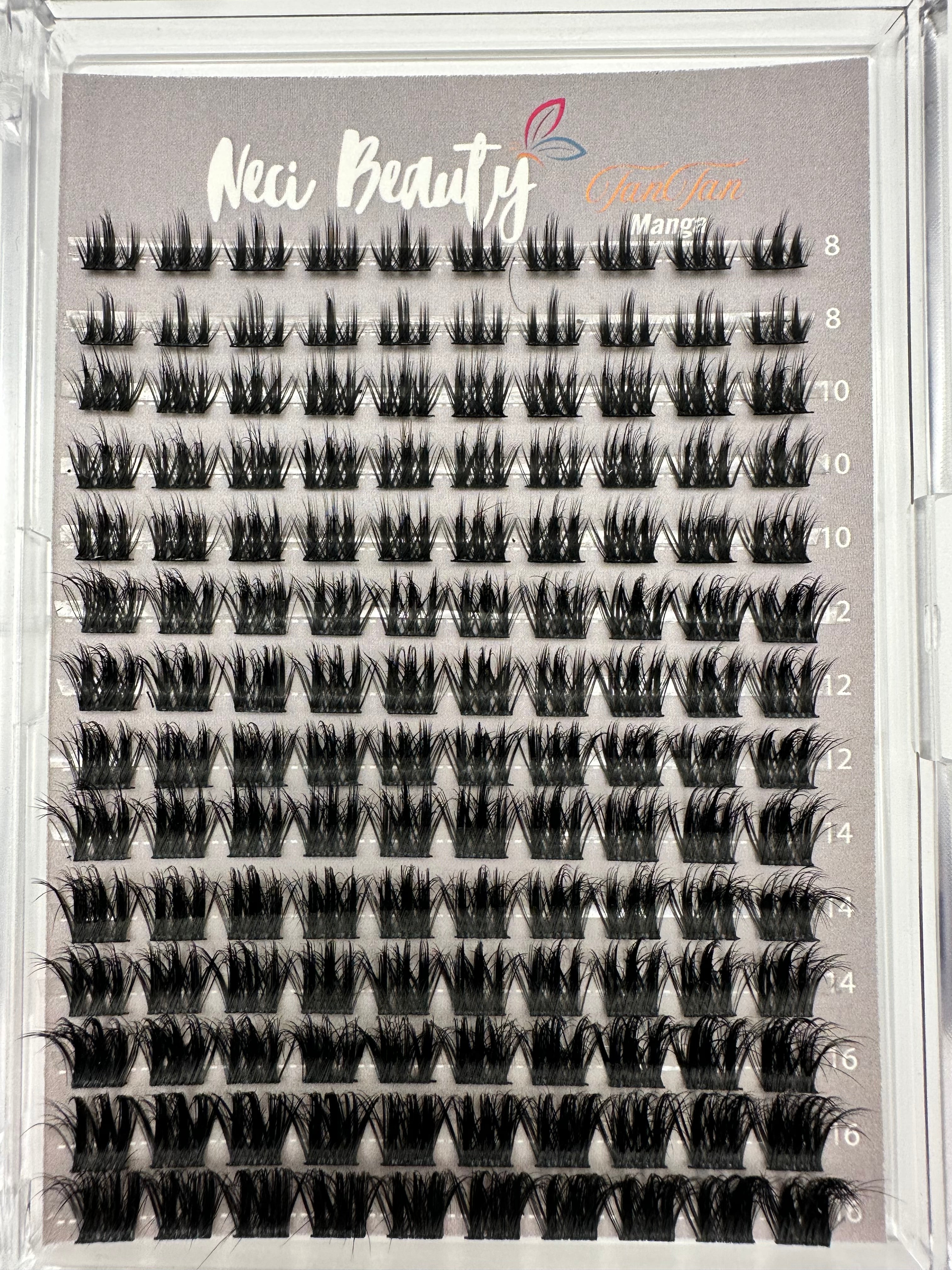 Manga Set of false eyelashes on a display board with 'Neci Beauty' branding.
