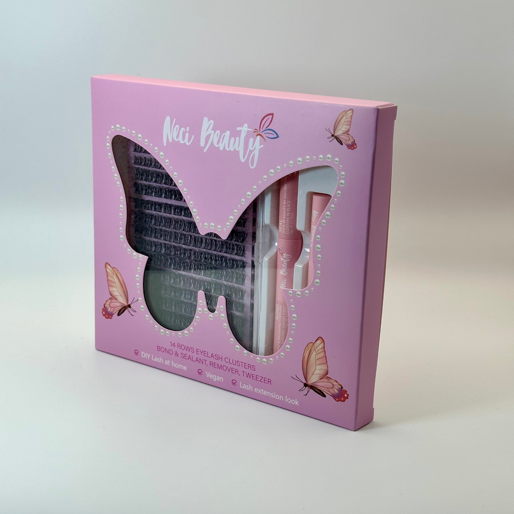 Pink packaging box with butterfly design featuring 'Neci Beauty' on a light gray background