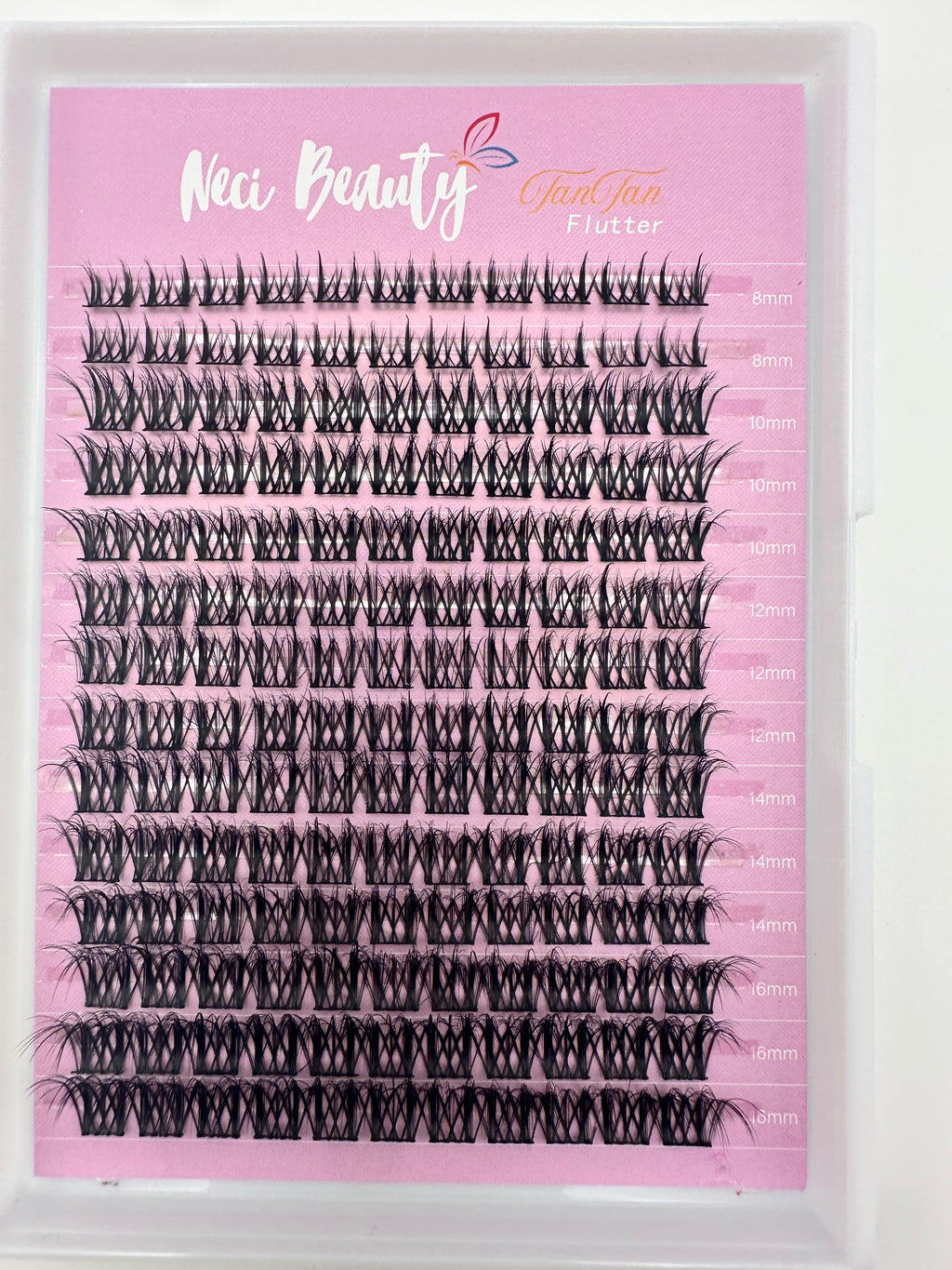 Set of false eyelashes on a pink and white background with 'Neci Beauty' branding.