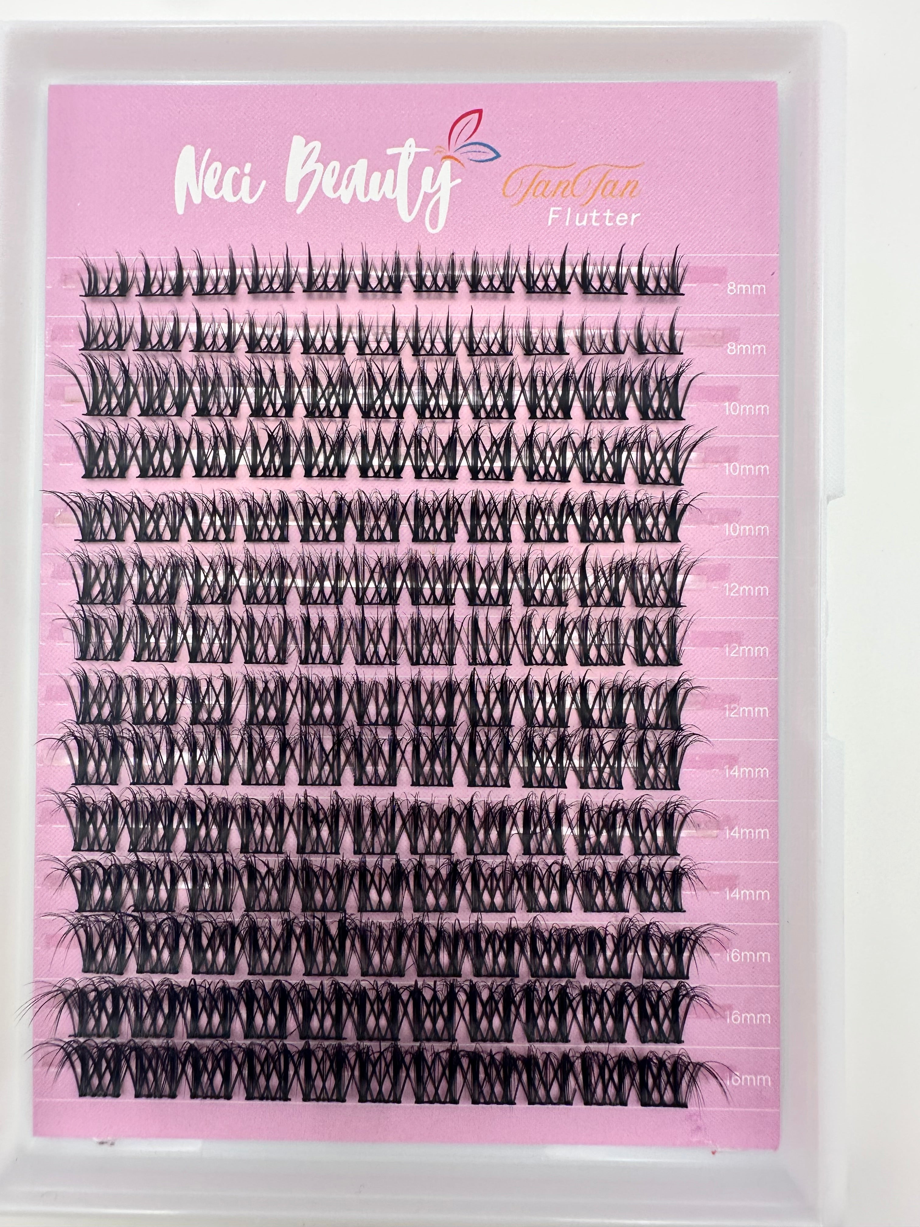 Set of false eyelashes on a pink and white background with 'Neci Beauty' branding.