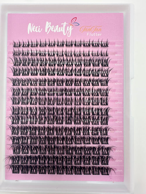 Set of false eyelashes on a pink and white background with 'Neci Beauty' branding.