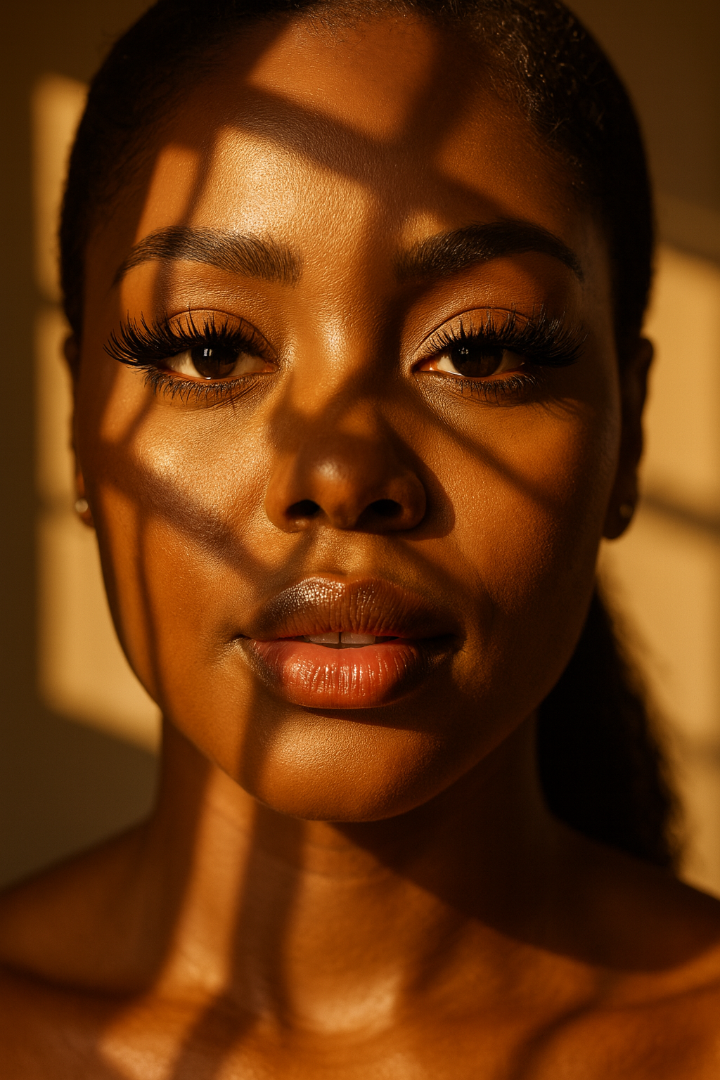 Woman's face with a warm, golden light casting shadows