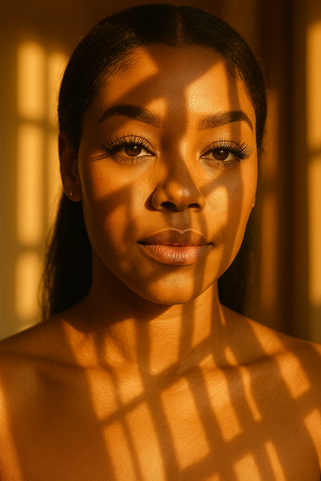 Woman with sunlight casting shadows on her face